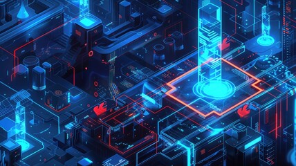 Poster - Futuristic circuit board with glowing components. Digital art of blue digital hologram with vibrant ct glowing color. Technology innovation and innovation concept for design and print. Macro. AIG53.