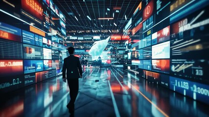 Poster - A person navigates a high-tech environment featuring numerous screens displaying dynamic data, creating an immersive experience
