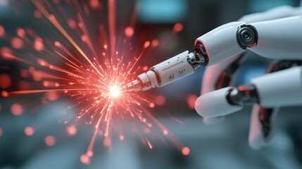 Aufkleber - Futuristic robot character holding a sparkling star with a bright glow in a highly detailed sci-fi setting