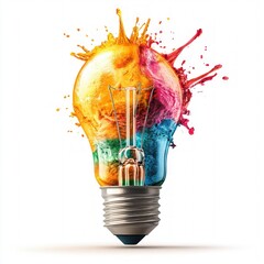 Leinwandbilder - Artistic representation of a light bulb surrounded by colorful paint splashes, illustrating creativity and inspiration
