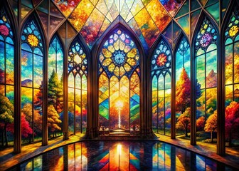 Poster - Abstract Colorful Church Window Double Exposure Texture Stock Photo