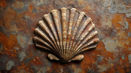 Poster - A detailed close-up of a rustic seashell on a weathered textured surface. Ancient Ocean Treasure: A Detailed Close-Up of a Cracked Scallop Shell Embedded in Coastal Sediment.