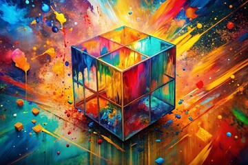 Poster - Abstract Cube Art Double Exposure: Vibrant Paint Splatter & Geometric Shapes