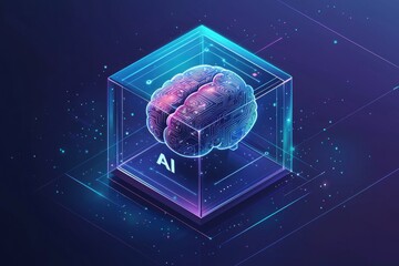 Poster - isometric view of glowing ai cube with circuit brain illustration