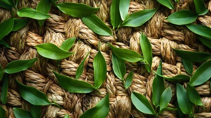 Poster - Close-up of vibrant green leaves arranged on a textured woven rope mat. Nature and texture photography. Green Leaves on a Woven Rope Mat: A Textured Botanical Photography