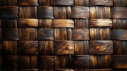 Poster - Close-up image of a dark brown woven wood texture. Perfect for background. Dark Brown Woven Wood Texture Background Image