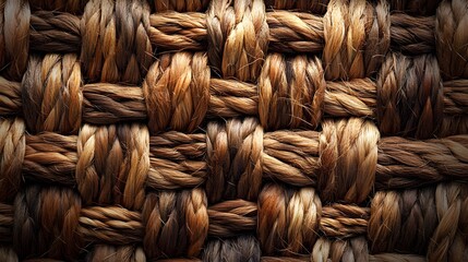 Poster - Close-up of a intricately woven texture, possibly rattan or seagrass. The image showcases a detailed pattern and warm brown tones. Intricate Woven Texture: A Close-Up of Brown Rattan or Seagrass