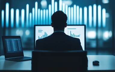 Aufkleber - Businessman Analyzing Financial Data on Laptop and Desktop Computer Screens at Night He reviews charts and graphs in a dimly lit office