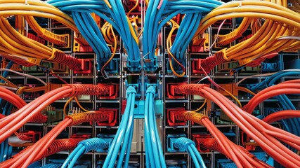Poster - colorful network cables are meticulously arranged in a server room, illustrating the complexity of m