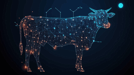 Poster - Starry Sky Cow Vector: Abstract Wireframe of Cow with Space and Planet Elements in Cosmic Animal Illustration for Futuristic Design Concepts