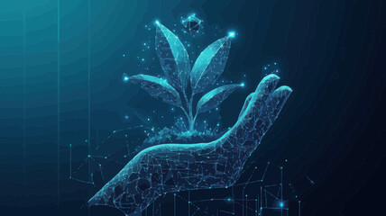 Poster - Sustainable Economy Concept: Abstract Digital Hand-Holding Plant on Technological Blue Background. Low Poly Wireframe with Connected Glow Dots, Lines, and Geometric Shapes Vector Illustration