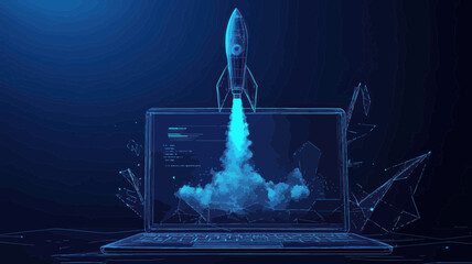 Poster - Abstract Rocket Launch From Laptop Screen, Spaceship Takeoff With Smoke, Startup and Boosting Concept, Low Poly Wireframe Vector Illustration, Technological Blue Background, 3D Effect