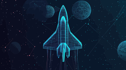 Poster - Wireframe Space Shuttle in Starry Cosmos - Abstract Vector Illustration of Spacecraft Surrounded by Planets and Stars in Galaxy - Minimalist Flat Design