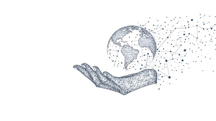 Poster - minimalist abstract earth in hand with starry sky background, vector business illustration concept o