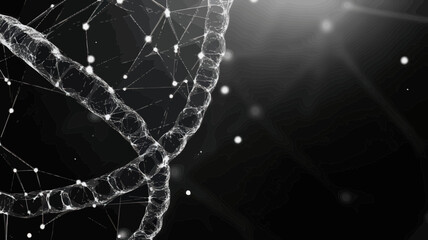 Poster - Grey Polygonal DNA Helix on Abstract Black Background with Connecting Dots and Lines - Minimalist Vector Science Illustration
