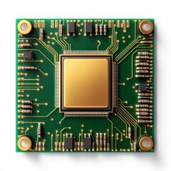 Fototapete - Detailed view of a circuit board featuring a shiny gold chip surrounded by intricate electronic connections