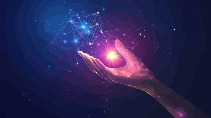 Poster - polygonal abstract hand holding digital puzzle with light connections in low poly style for business
