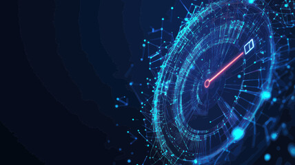 Poster - Abstract Low Poly 3D Network Cable and Speedometer on Dark Blue Background, Super Fast Internet Connection Speed Test Gauge Concept with Digital Vector Mesh Wireframe, Lines, Dots, Glowing Particles