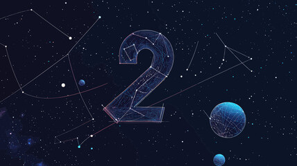 Poster - Starry Space Number Two Digit 2 Wireframe with Planets and Stars Abstract Vector Minimalist SVG