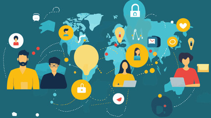 Poster - Global Social Media Communication Network Concept with Connected Users and Icons for Messages, Ideas, and Security