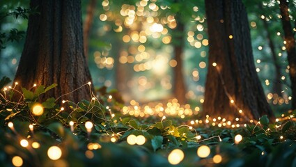 Poster - Serene forest pathway illuminated with twinkling lights during a tranquil evening stroll