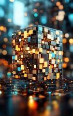 Aufkleber - Geometric cube composed of multiple smaller squares creating a unique three-dimensional visual effect and perspective