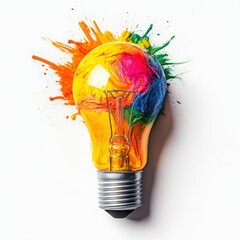 Leinwandbilder - Creative concept of a light bulb with bright paint pouring out, symbolizing innovation and artistic ideas in action