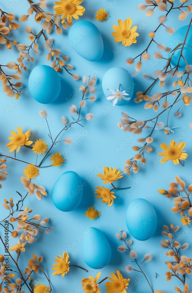 Easter themed background with blue eggs and yellow flowers for your