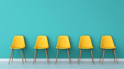 Poster - Row of three bright yellow chairs against a striking turquoise wall creating a bold and cheerful interior design