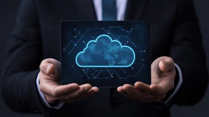 Poster - Businessman Holding Cloud Technology Tablet Interface with Digital Connections and Modern Blue Design for Data Management or Cloud Computing Concepts