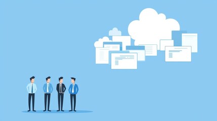 Poster - Professional team of four men in business attire discussing cloud technology and data management against a blue background with floating documents