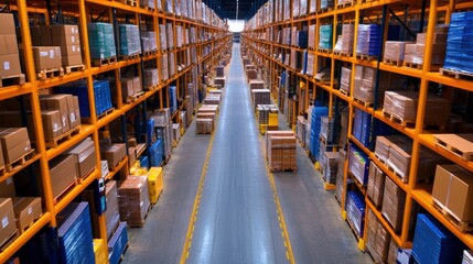 Poster - A spacious warehouse filled with neatly stacked boxes on shelves, showcasing an organized inventory system.