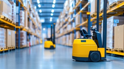 Poster - A spacious warehouse filled with shelves of boxes, featuring yellow forklifts in the foreground, indicating an organized logistics environment.