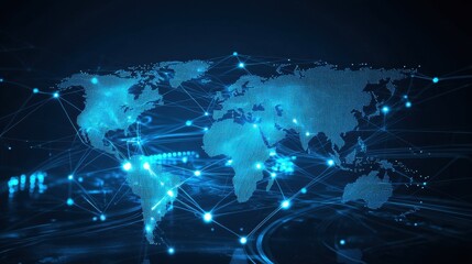 Poster - Digital Global Network Map with Bright Blue Connectivity Lines on a Dark Background Representing Technology and Communication in the Modern World