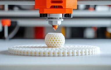 Poster - 3D Printer in Action Creating Intricate White Object Additive Manufacturing Technology Close up Shot