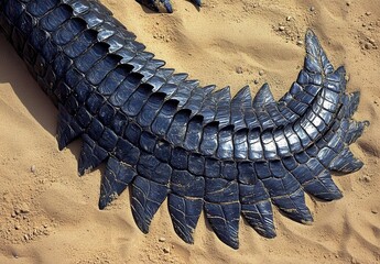 Poster - Detailed Close-Up of a Crocodile Tail with Textured Scales Resting on Sandy Surface in Desert Environment