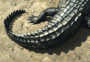 Poster - Detailed Close-Up of a Crocodile's Tail Displaying Unique Scale Texture and Natural Environment in an Outdoor Setting