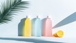 © lanters_fla - Colorful beverage bottles with citrus fruit and palm leaves in bright natural light