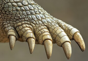 Poster - Detailed Close-Up of a Lizard's Foot Showing Unique Scales and Sharp Claws with Texture and Color Variation in a Natural Environment