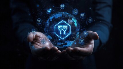 Poster - Hands holding a glowing digital globe with cybersecurity symbols representing data protection and technological advancement in a dark background