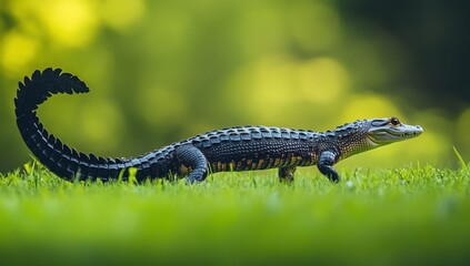 Poster - Detailed Close-up of a Realistic Alligator Model Walking on Green Grass Under Soft Natural Light in a Serene Outdoor Environment