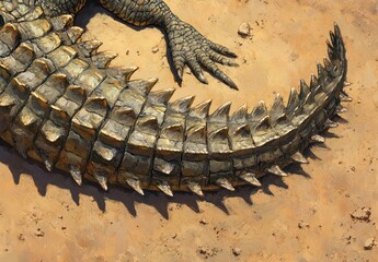 Poster - Detailed Close-up of a Scaly Tail with Sharp Spikes on a Sandy Ground, Highlighting Texture and Natural Patterns in Earthy Tones