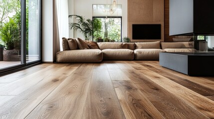 Aufkleber - a spacious living room showcases a plush sectional sofa arranged thoughtfully on warm wooden floorin