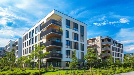 Aufkleber - Sleek, contemporary apartments feature spacious balconies and large windows, surrounded by flourishing gardens. The bright sky enhances the serene atmosphere of this urban oasis