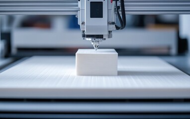 Poster - Modern 3D printer creating a white prototype object layer by layer Additive manufacturing technology innovation Close up view of the process