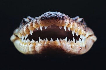 Poster - Detailed Close-Up of Alligator Snapping Turtle Head with Exposed White Teeth and Texture on Dark Background