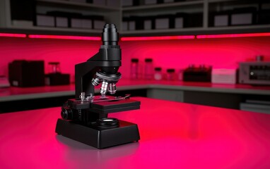 Poster - Modern black laboratory microscope on pink surface in a brightly lit science lab Research equipment for scientific studies and experiments