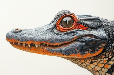Poster - Detailed Close-Up of an Alligator's Head Highlighting Textures and Colors, Featuring Powerful Jawline and Intense Eyes Against Light Background