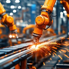 Poster - A sophisticated machine efficiently cutting a material piece in an advanced workshop environment streamlining production