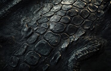 Poster - Detailed Close-up of Dark Textured Skin of Reptile Showcasing Unique Patterns and Designs, Perfect for Nature and Wildlife Themes